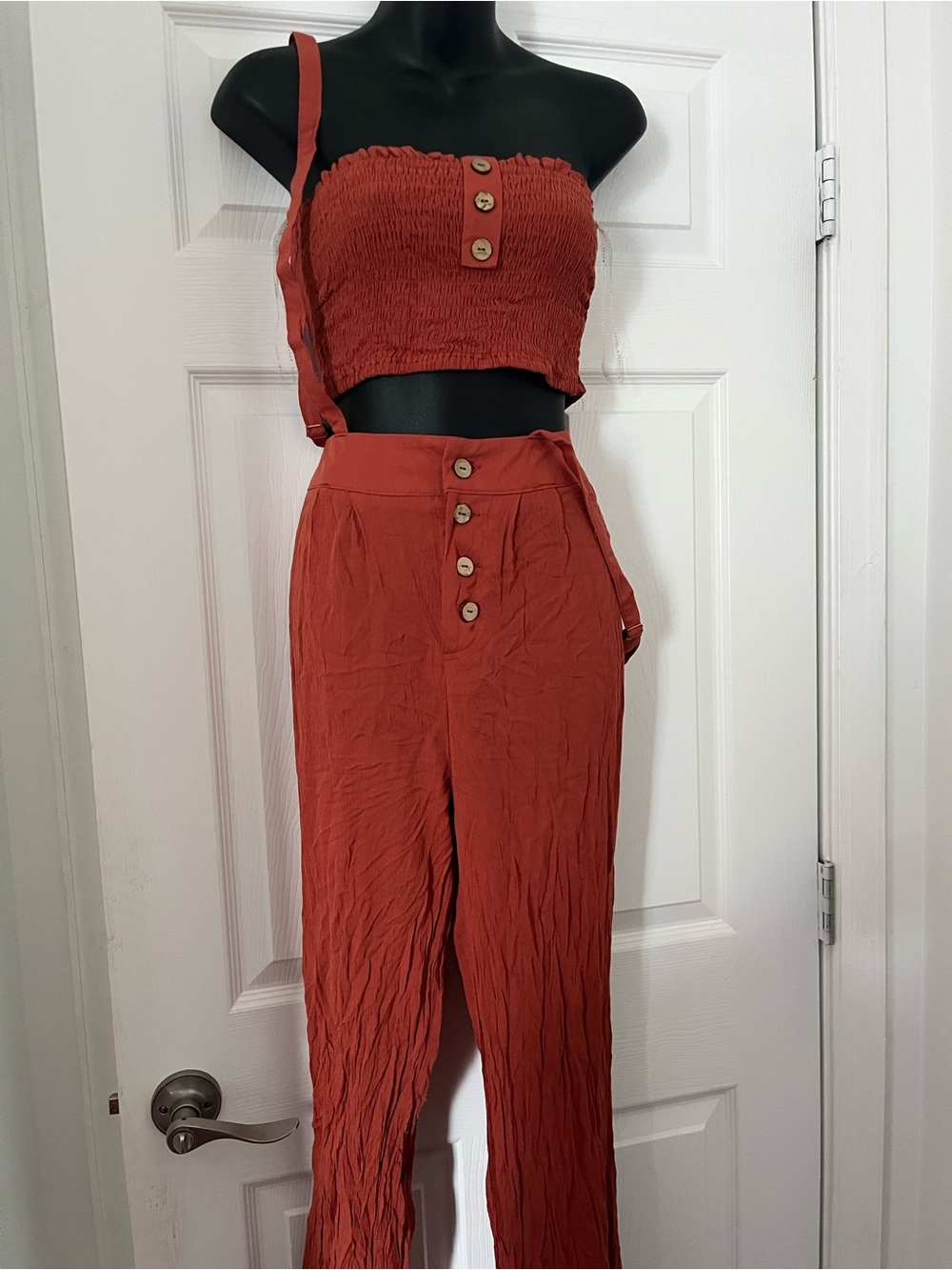 Rust Red High-Waist Button Front Jumpsuit